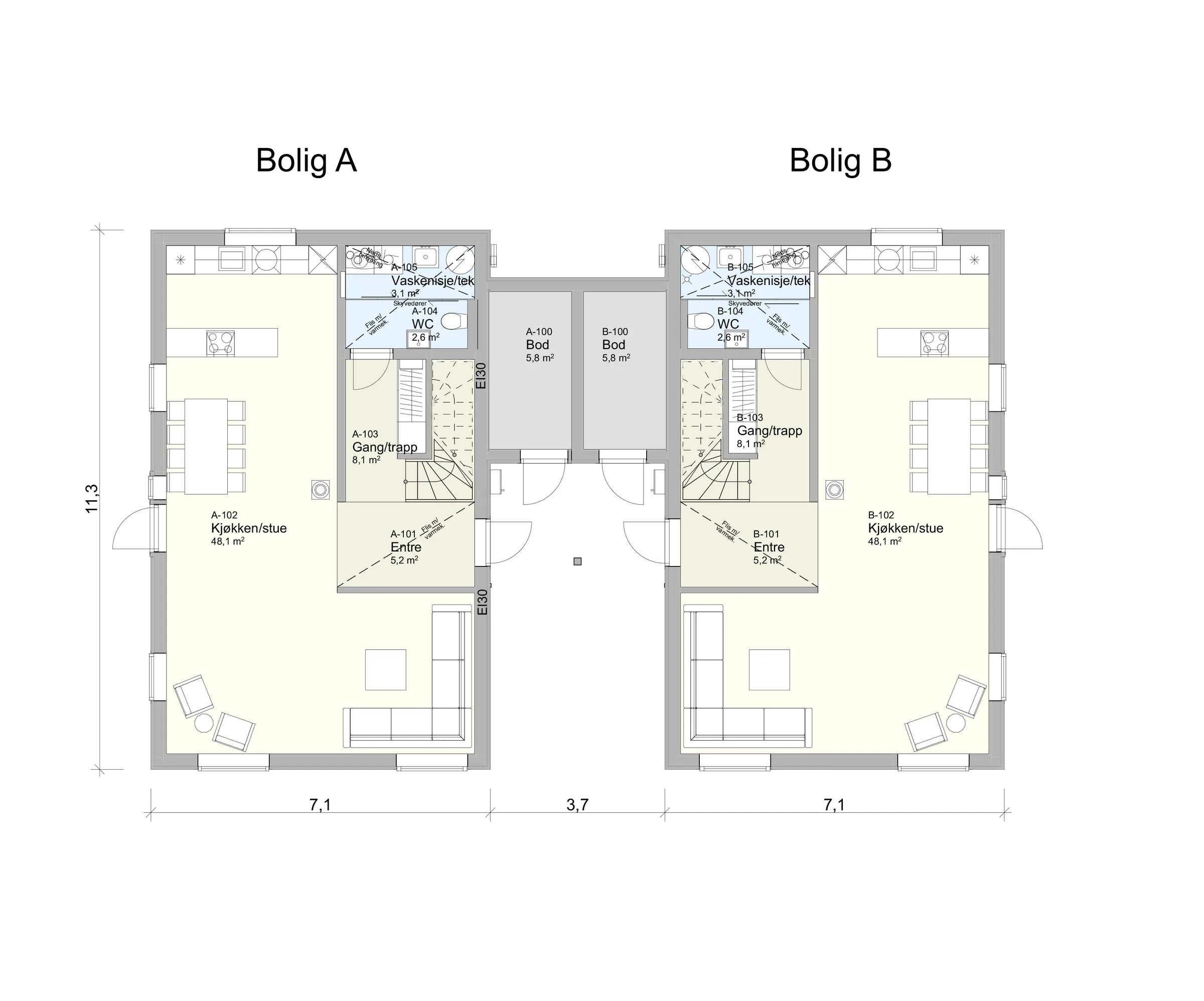 Plantegning 1. ETG — HA Hus Chico | 2M Kjedet enebolig