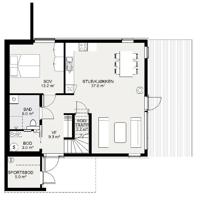 Plantegning 1. ETG — Mesterhus Skansen (skrå tomt)